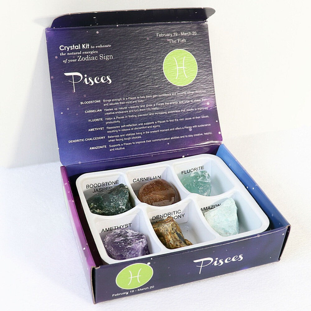 Pisces Zodiac Crystal Kit, Crystal Set for Birthday, Horoscope, Astrology. 6 Birthstones in a Gift Box, Crystal Bundles