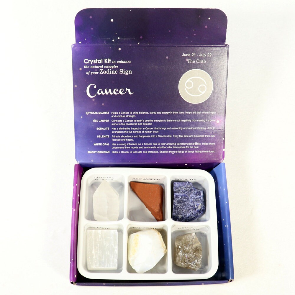 Cancer Zodiac Crystal Kit, Crystal Set for Birthday, Horoscope, Astrology. 6 Birthstones in a Gift Box, Crystal Bundles