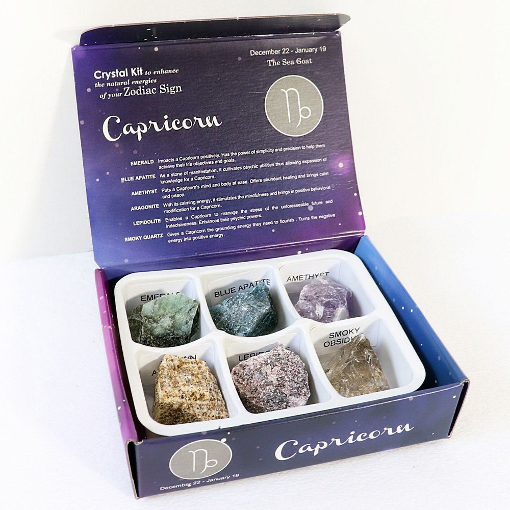 Capricorn Zodiac Crystal Kit, Crystal Set for Birthday, Horoscope, Astrology. 6 Birthstones in a Gift Box, Crystal Bundles