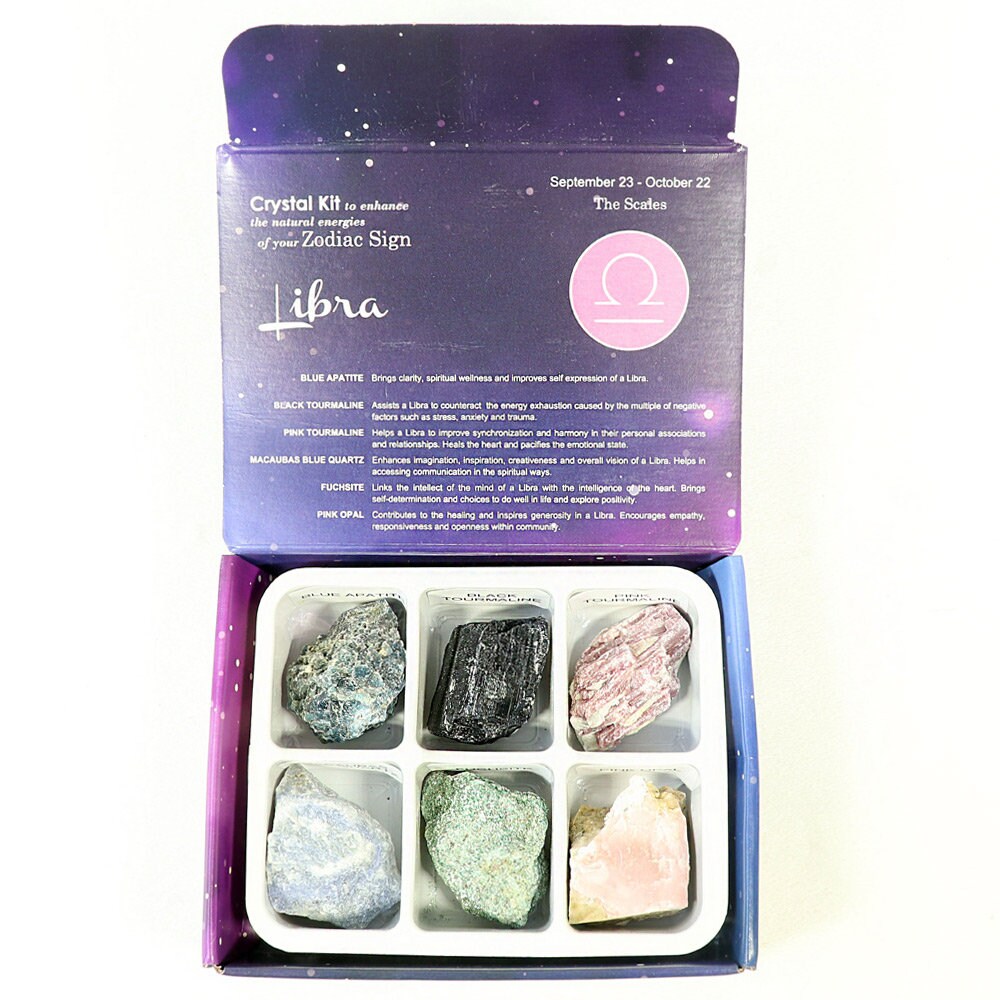 Libra Zodiac Crystal Kit, Crystal Set for Birthday, Horoscope, Astrology. 6 Birthstones in a Gift Box, Crystal Bundles