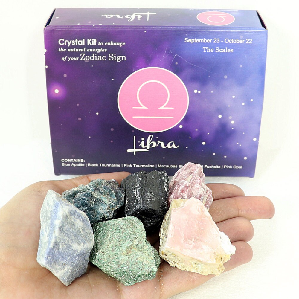 Libra Zodiac Crystal Kit, Crystal Set for Birthday, Horoscope, Astrology. 6 Birthstones in a Gift Box, Crystal Bundles