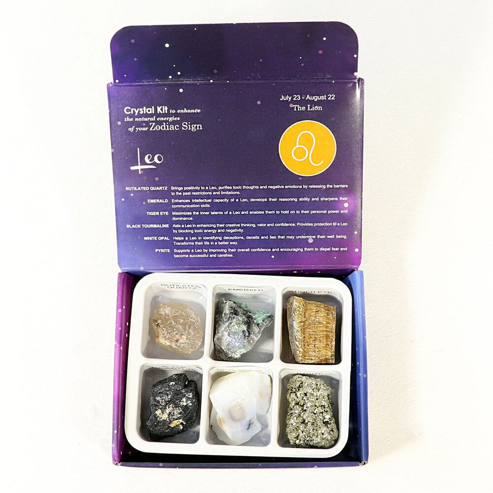 Leo Zodiac Crystal Kit, Crystal Set for Birthday, Horoscope, Astrology. 6 Birthstones in a Gift Box, Crystal Bundles
