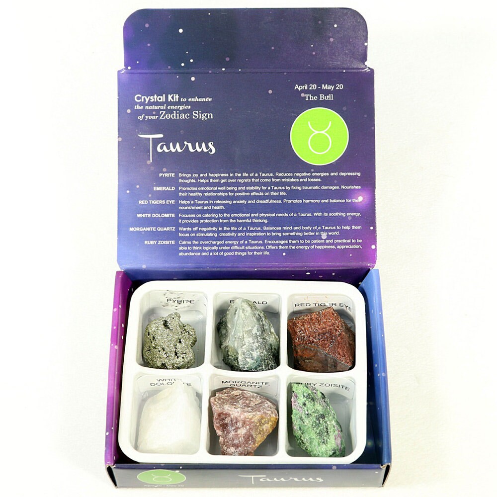 Taurus Zodiac Crystal Kit, Crystal Set for Birthday, Horoscope, Astrology. 6 Birthstones in a Gift Box, Crystal Bundles
