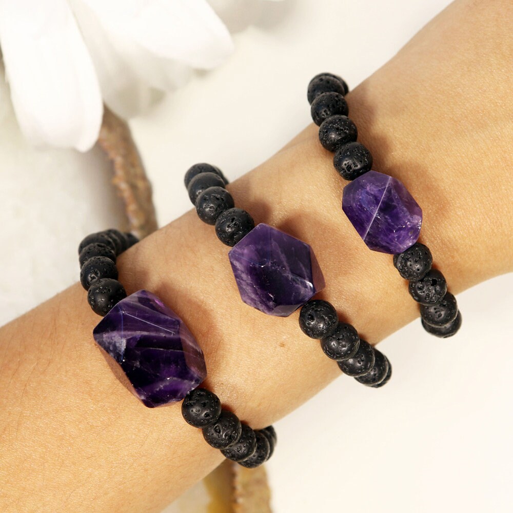 Amethyst and Lava Rock Bracelet | Amethyst Jewelry | Gemstone Beaded Bracelet
