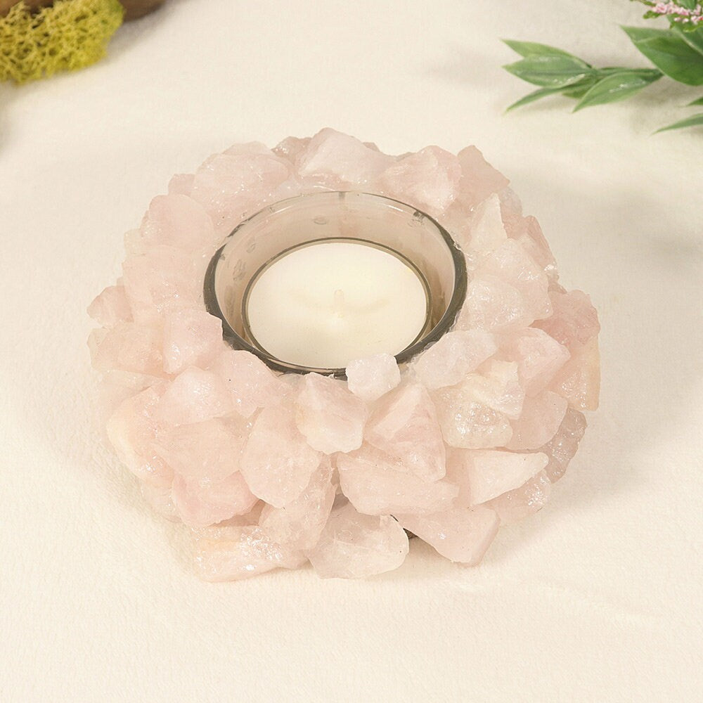 Rose Quartz Lotus Candle holder | Natural Crystal Home Decor