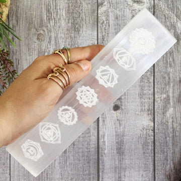 Selenite Engraved Charging Plate, Stick, Bar, Chakra Symbols, Flower of Life, Tree of Life, Zodiac Astrology Signs