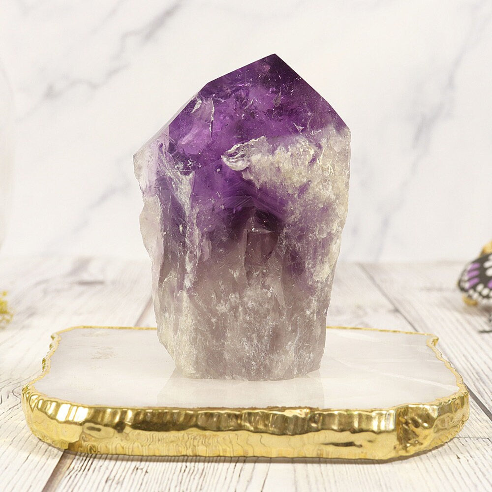 Unique Amethyst Point with Smoky Phantom and Raw Base, Activate your Crown and Root Chakras