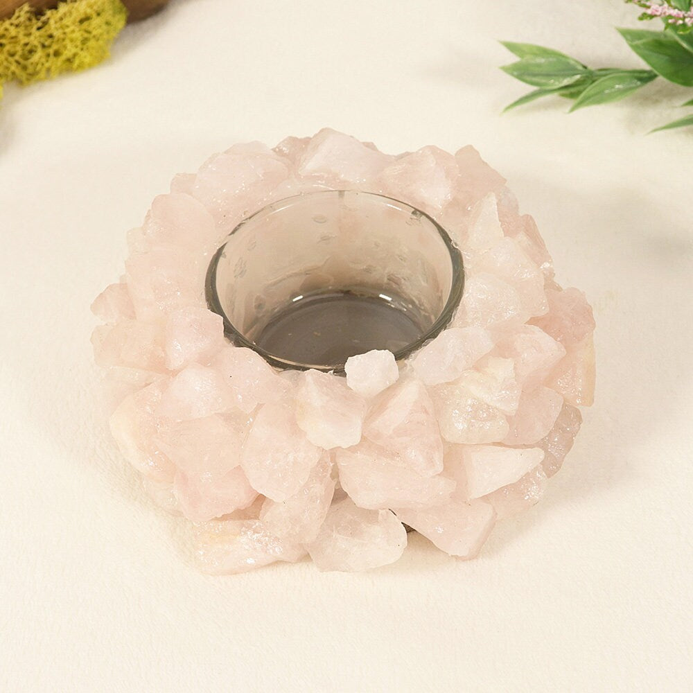 Rose Quartz Lotus Candle holder | Natural Crystal Home Decor