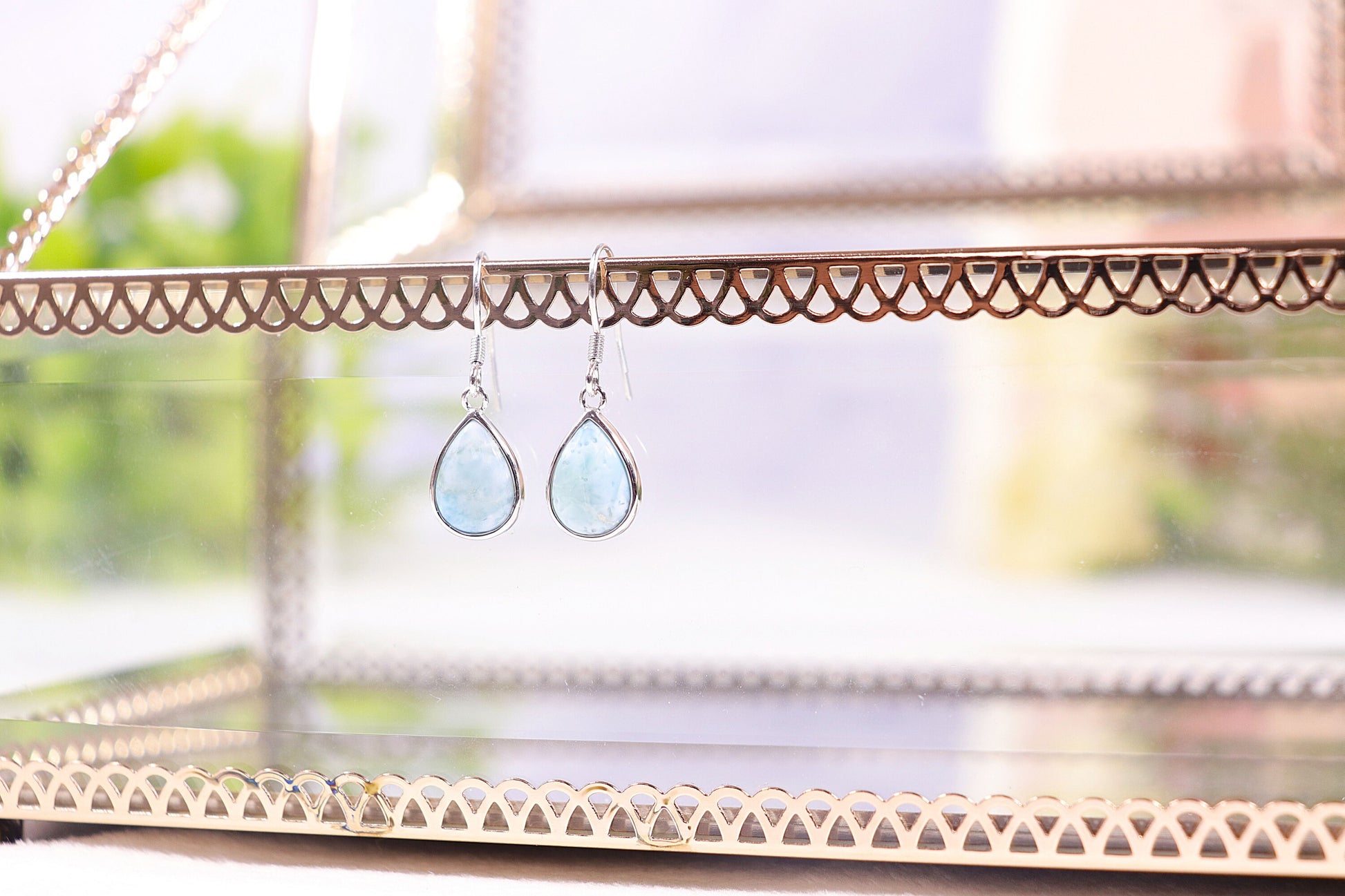 Natural Larimar Earrings, Tear Drop Earrings, Sterling Silver, Small Earrings, Handmade Jewelry