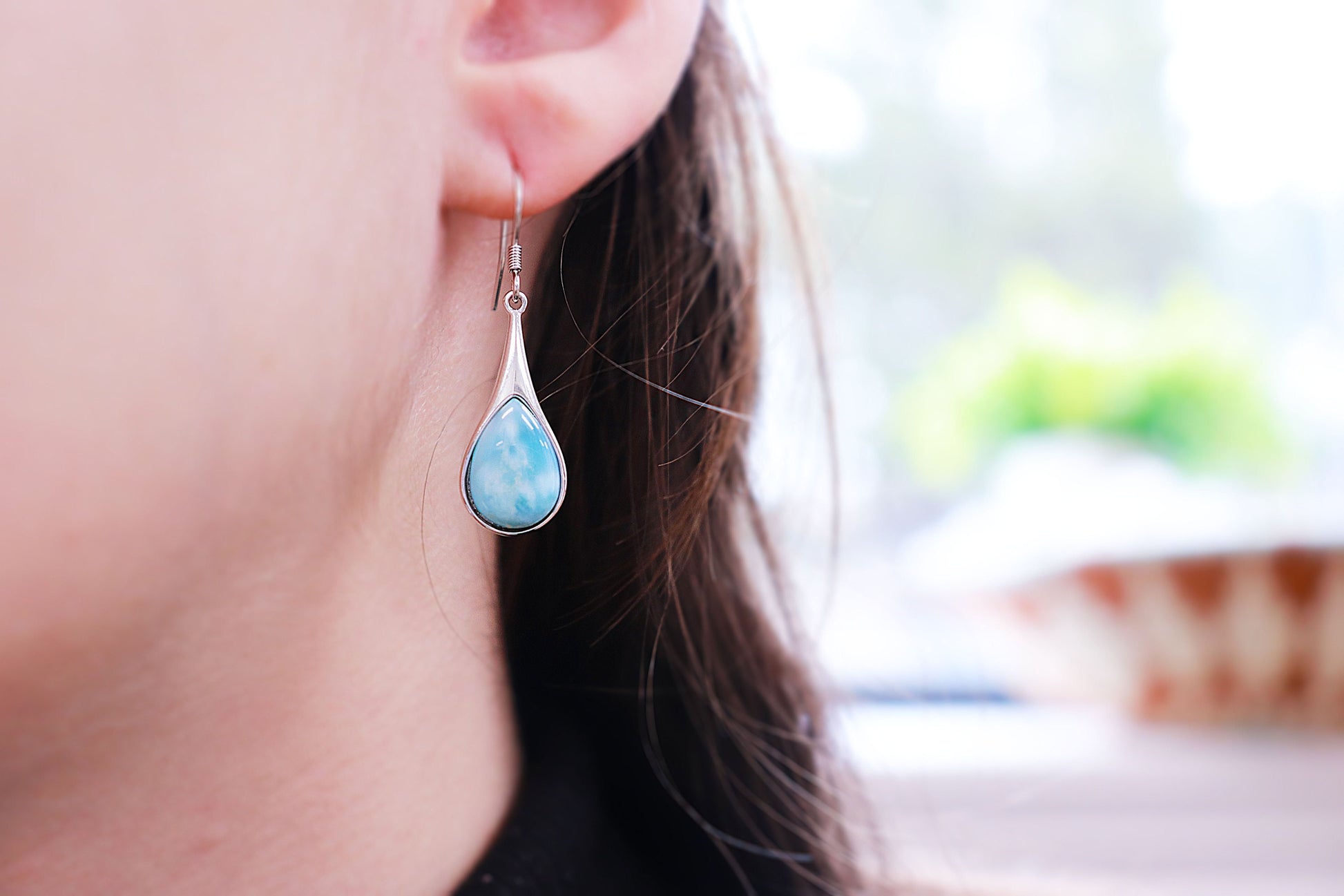 Natural Larimar Earrings, Tear Drop Earrings, Dangle Earrings, Sterling Silver, Large Earrings, Handmade Jewelry