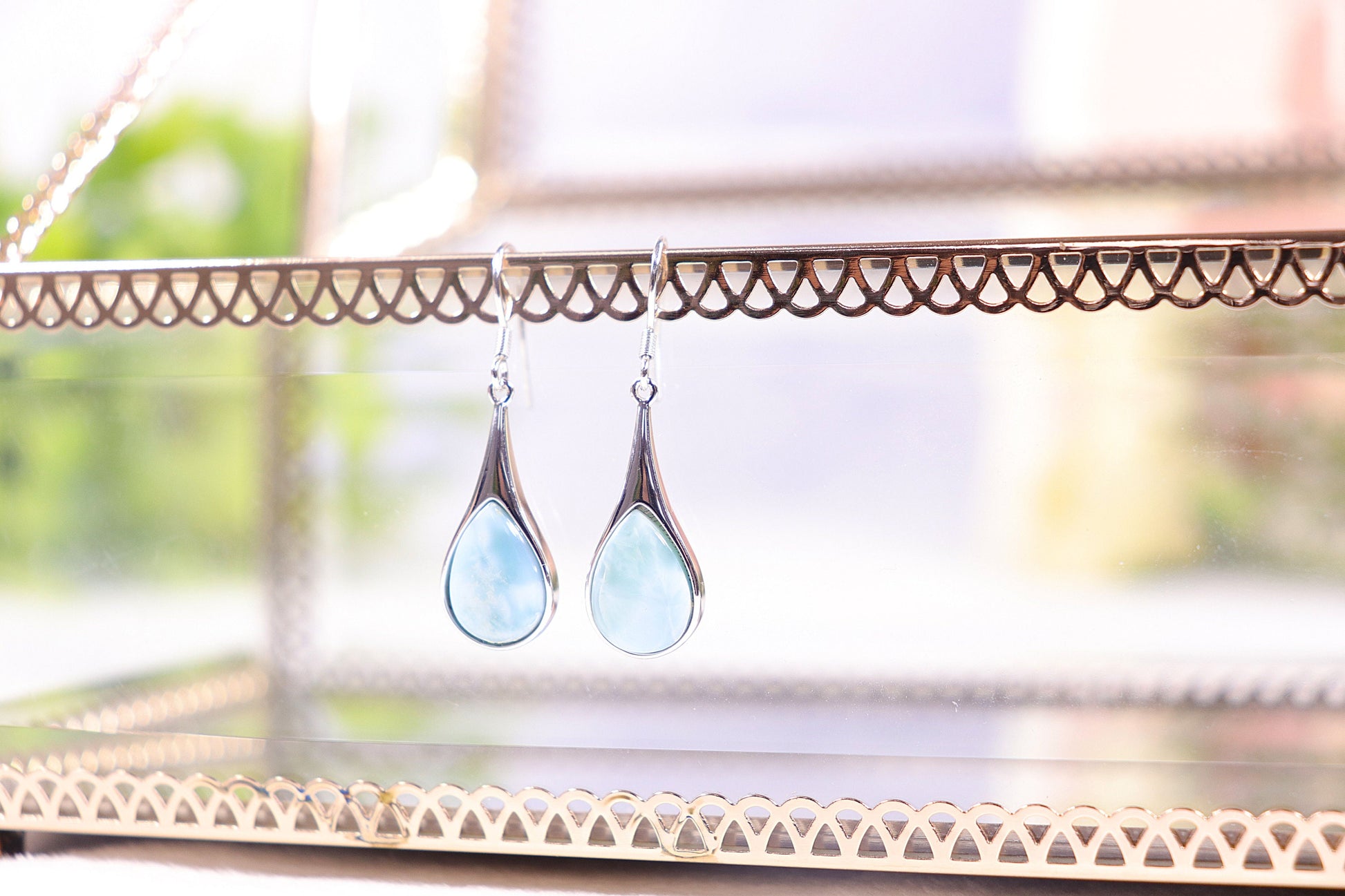 Natural Larimar Earrings, Tear Drop Earrings, Dangle Earrings, Sterling Silver, Large Earrings, Handmade Jewelry