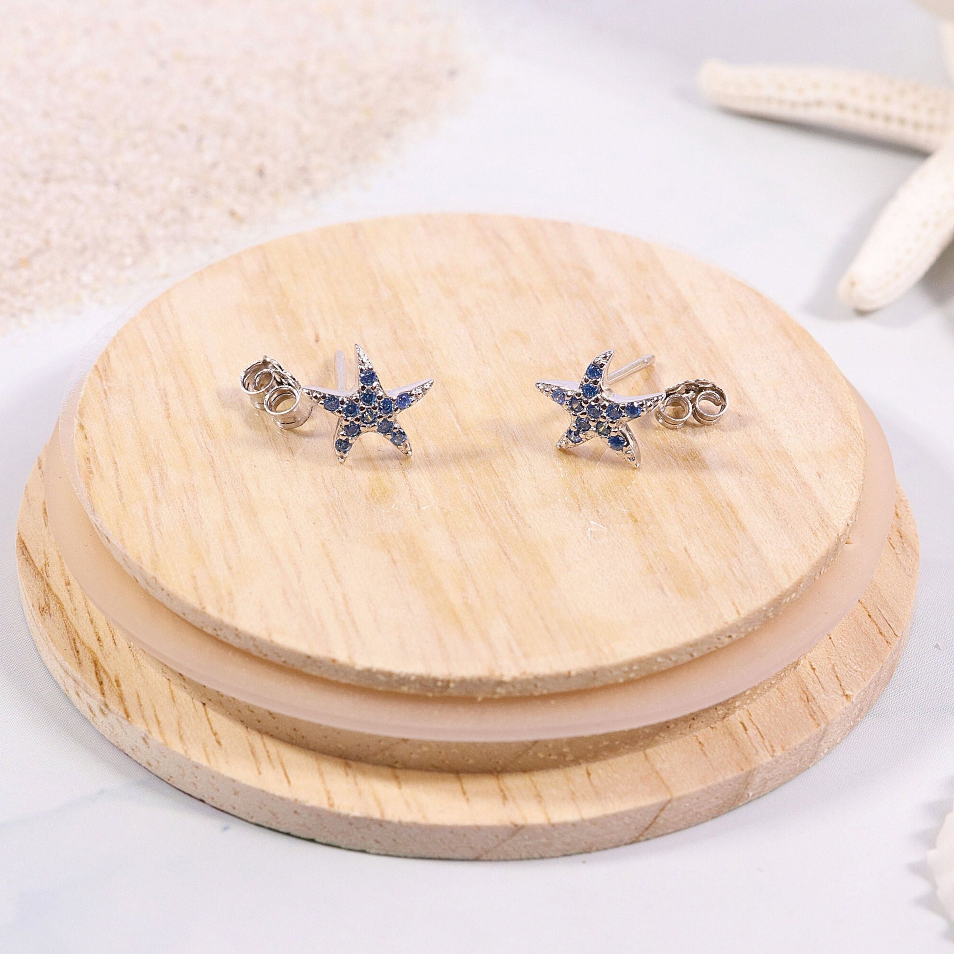 Genuine Blue Topaz Earrings, Sea Star Earrings, Crystal Earrings, Sterling Silver, Starfish Studs, Handmade Jewelry