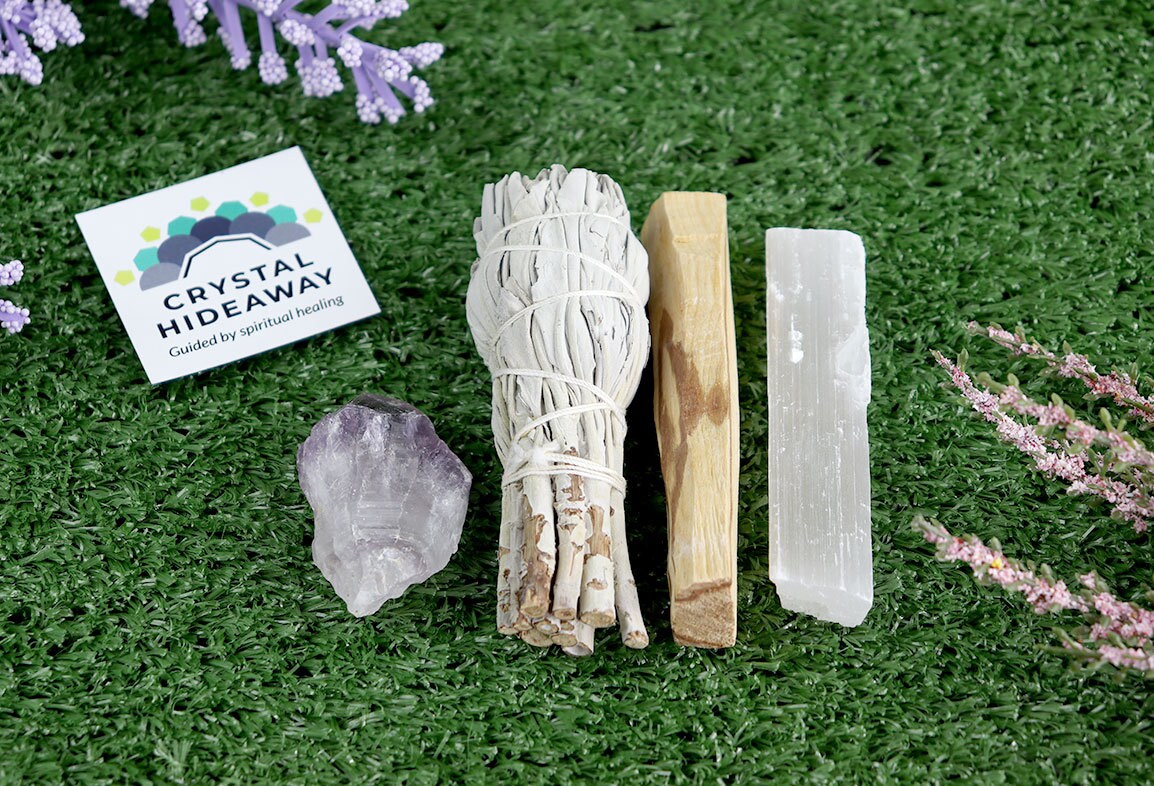 Abalone Shell White Sage Smudge Kit, Beginner Cleansing Kit, Organic Palo Santo, Choose your Crystal