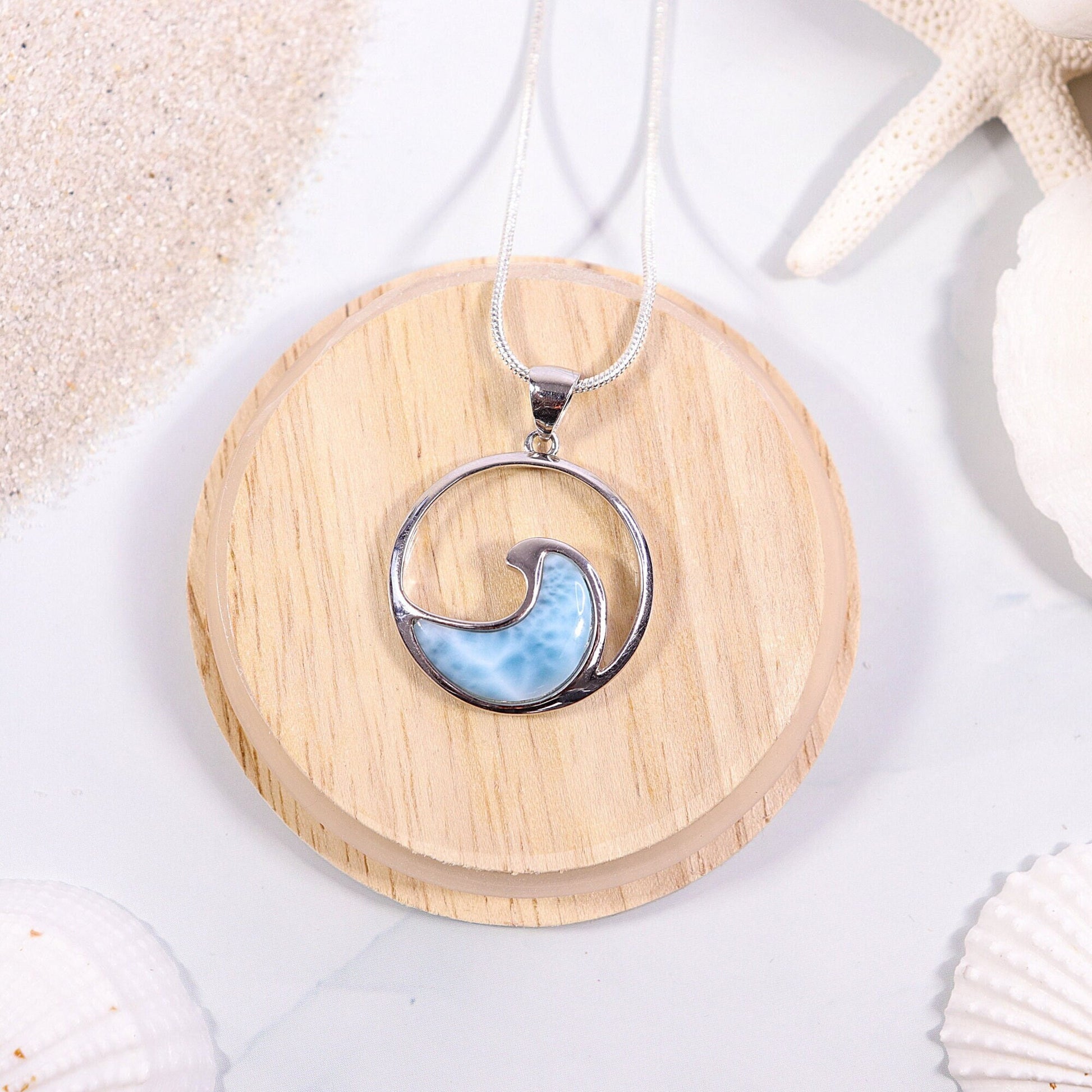Natural Larimar Necklace, Ocean Wave Necklace, Silver Chain, Handmade Jewelry, Crystal Jewelry, Anniversary Gift for Her