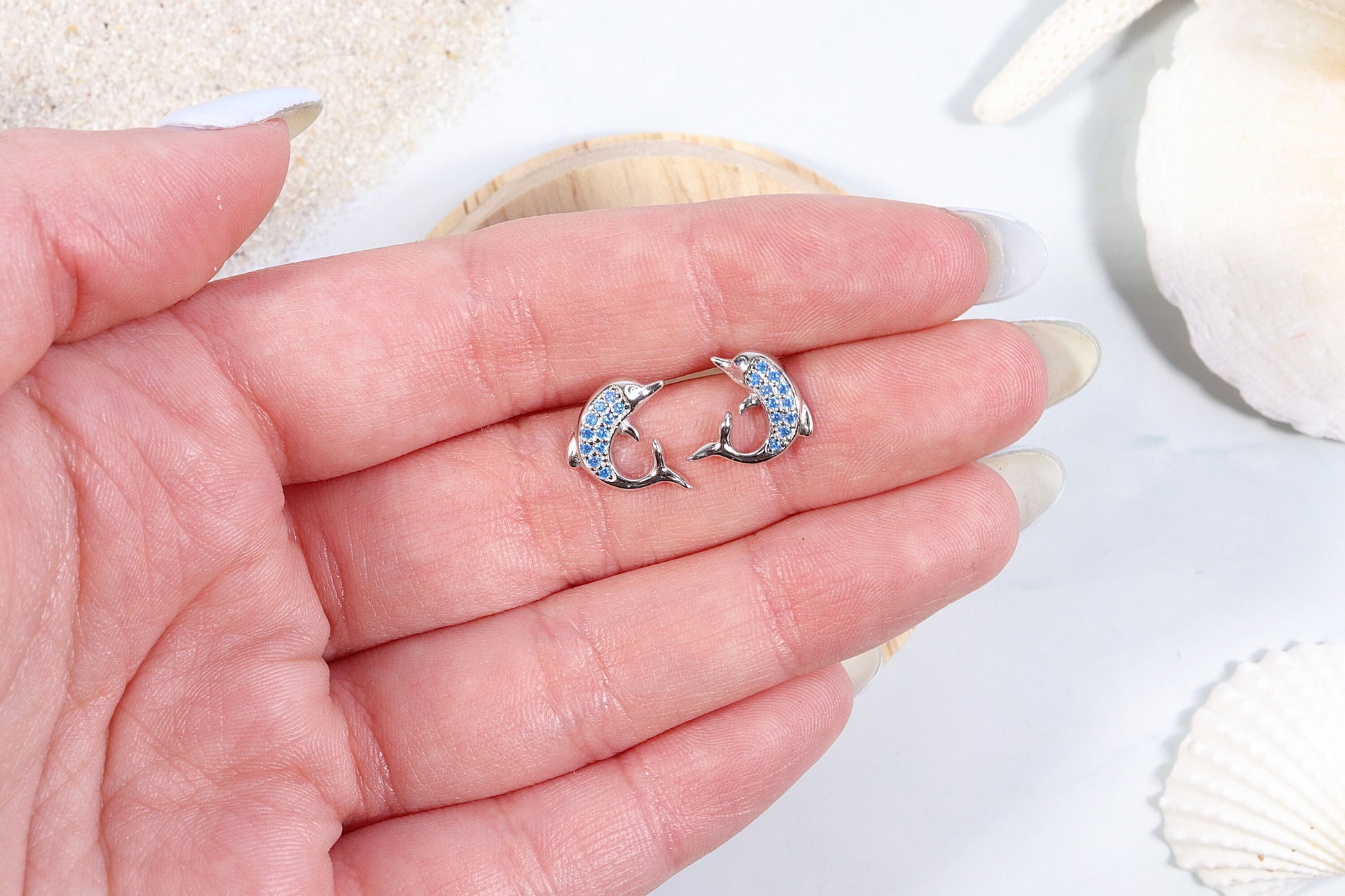 Genuine Blue Topaz Earrings, Dolphin Earrings, Crystal Earrings, Sterling Silver, Dolphin Stud, Handmade Jewelry