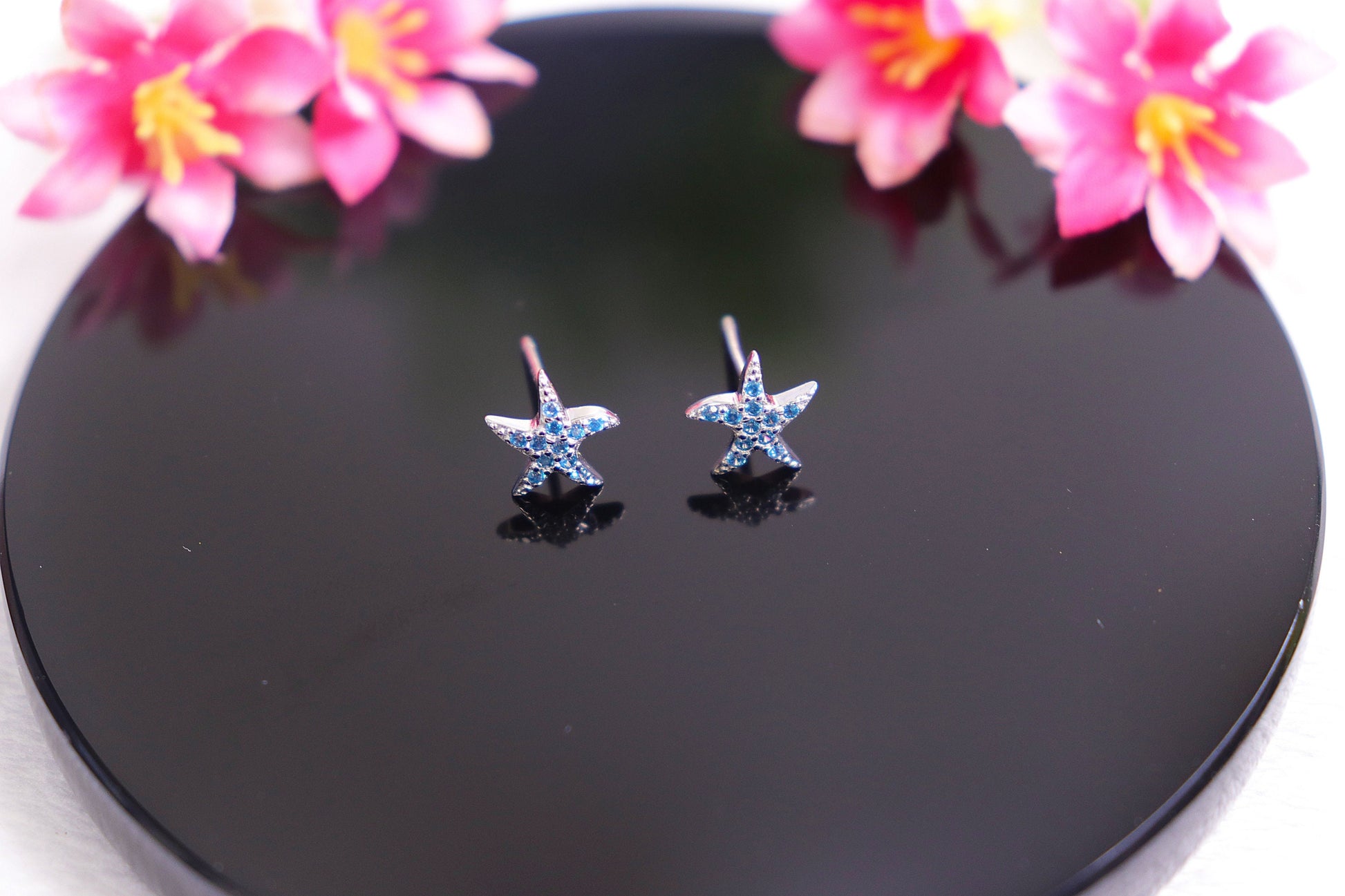 Genuine Blue Topaz Earrings, Sea Star Earrings, Crystal Earrings, Sterling Silver, Starfish Studs, Handmade Jewelry