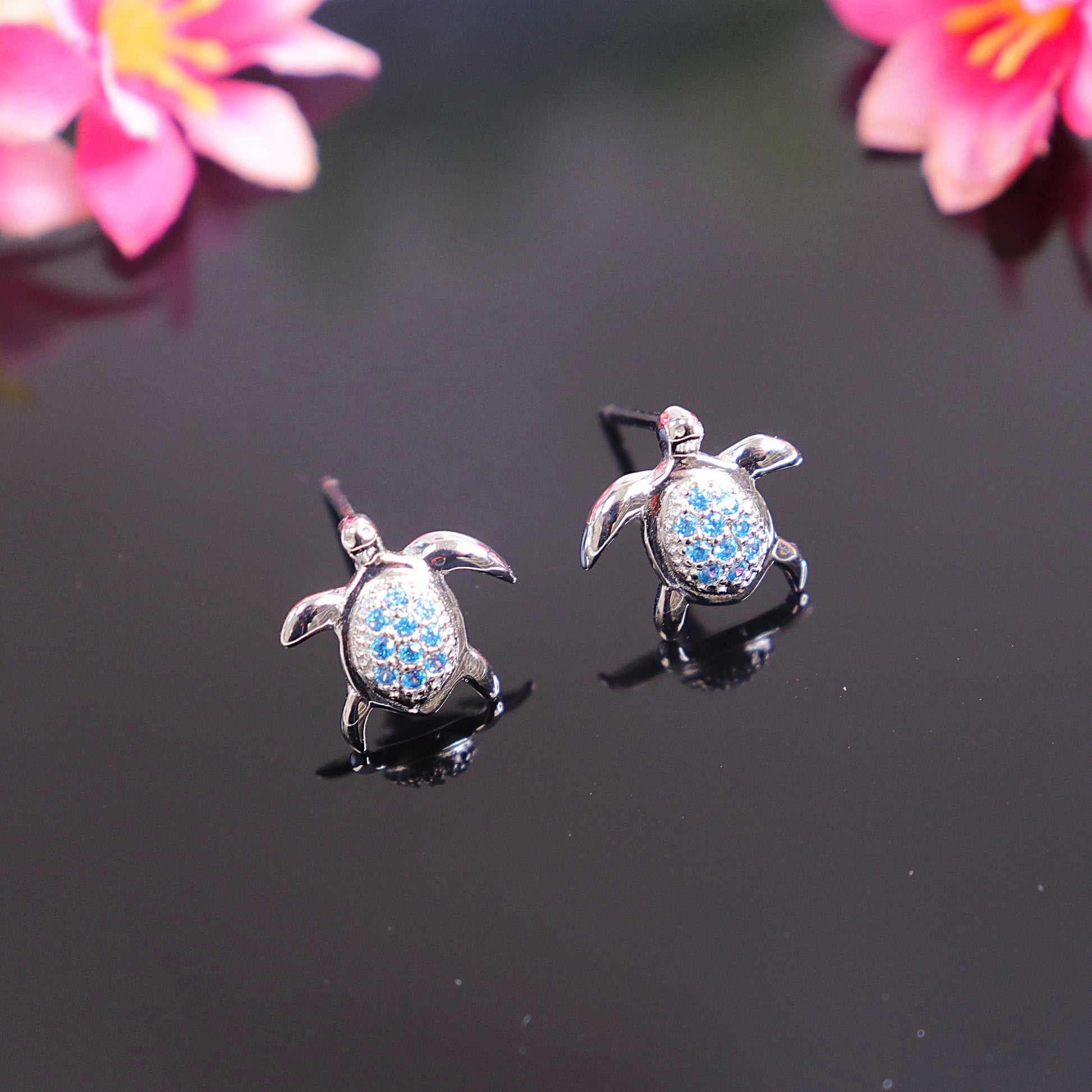 Genuine Blue Topaz Earrings, Sea Turtle Earrings, Crystal Earrings, Sterling Silver, Handmade Jewelry