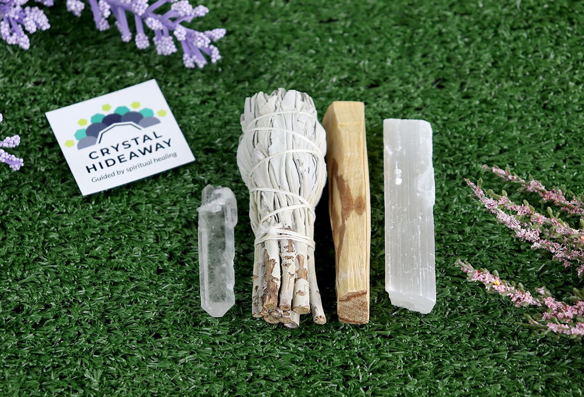 Abalone Shell White Sage Smudge Kit, Beginner Cleansing Kit, Organic Palo Santo, Choose your Crystal