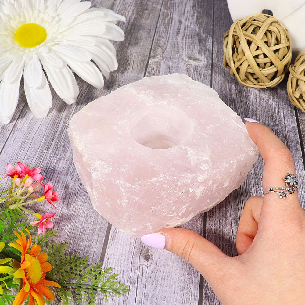 Rose Quartz Candle Holder | Natural Crystal Home Decor