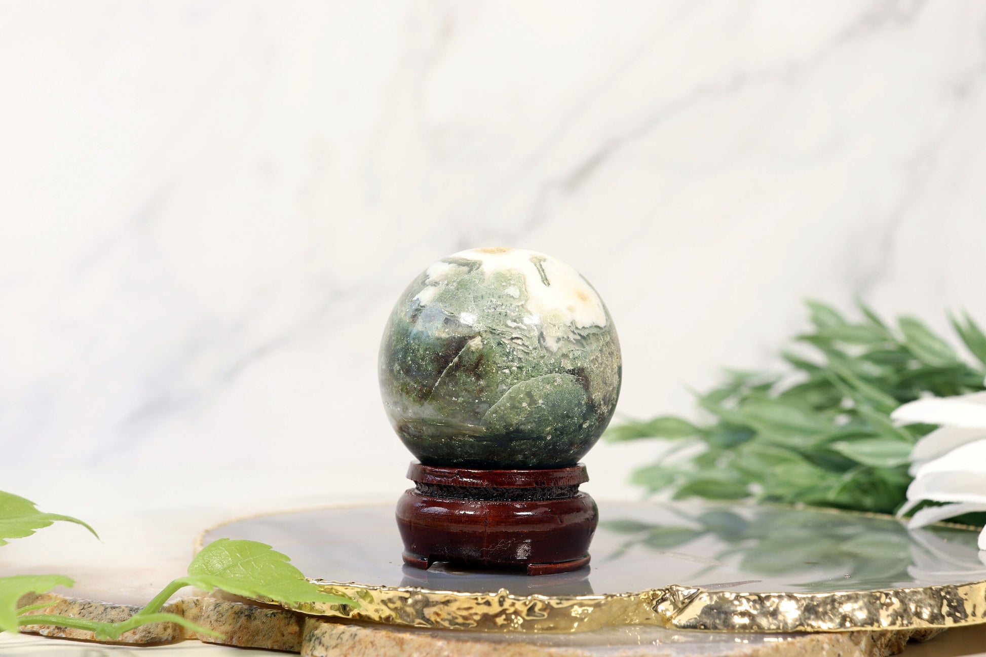 Moss Agate Sphere with Druzy Pockets and Full of Character