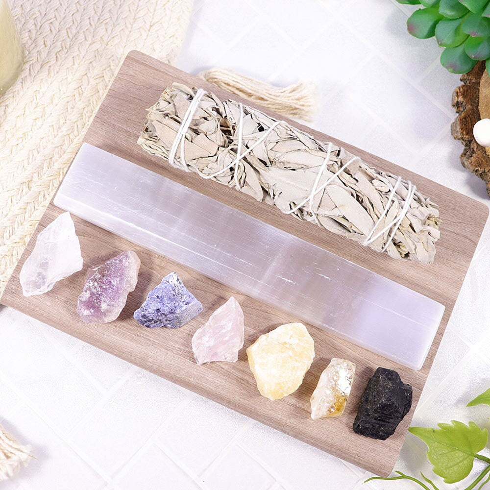 Natural & Tumbled Stones for Chakra Healing, Beginner Crystal Chakra Kit, White Sage Cleansing Kit